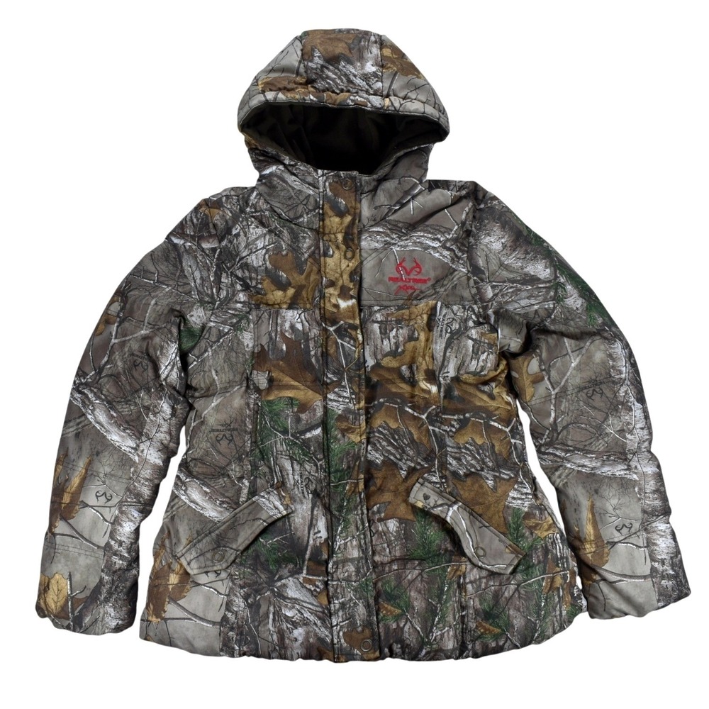 Realtree Xtra Camo Hooded Puffer Jacket Womens Large Insulated Hunting Coat Red